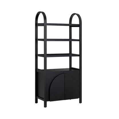 Nathan James Iris 3 Tier Bookshelf, Arched Bookcase Cabinet, Solid Wood Bookcase with Cabinet Base, Boho Bookshelf in Midnight Charcoal Finish, Set of 2