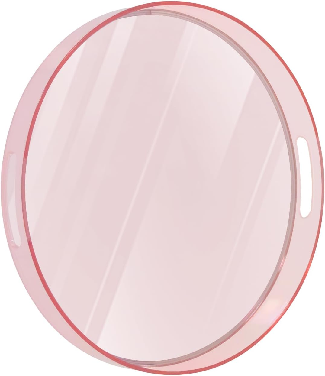 13" MAONAME Clear Round Serving Tray with Handles, Plastic Clear Tray, Round Pink Decorative Trays for Coffee Table