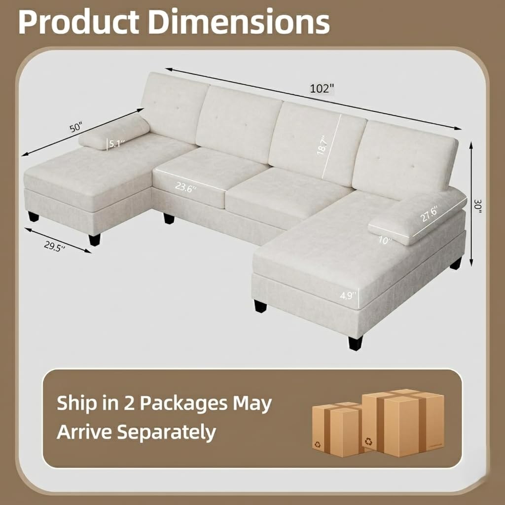 U-Shaped Sectional Couches for Living Room, 4 Seat Sofa with Double Chaise Lounges,Solid Wood Frame Sectional Sofa for Apartment,White