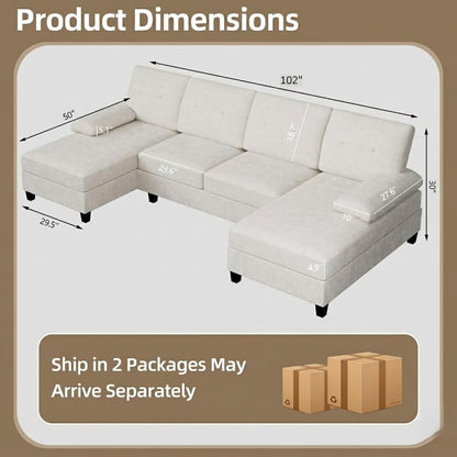 U-Shaped Sectional Couches for Living Room, 4 Seat Sofa with Double Chaise Lounges,Solid Wood Frame Sectional Sofa for Apartment,White