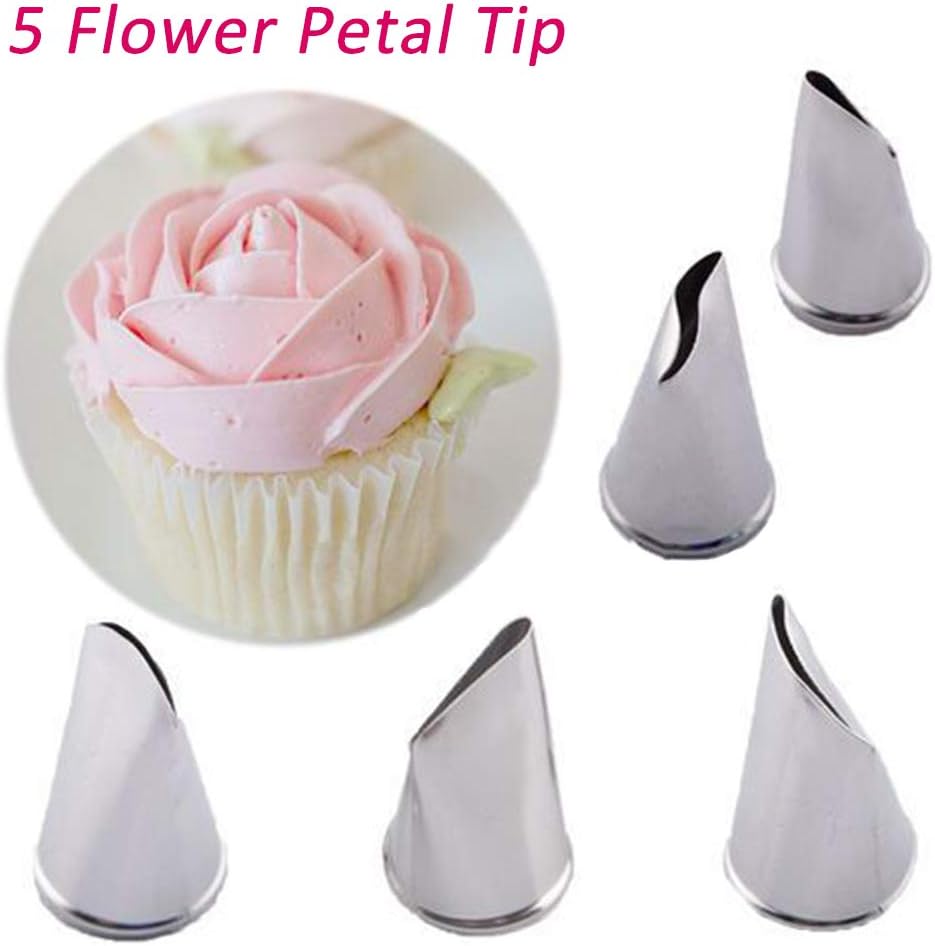 BeeSpring 5 pcs Petal Piping Nozzles, Stainless Steel Cake Decorating Tips for Rose Flower Pastry DIY Tools