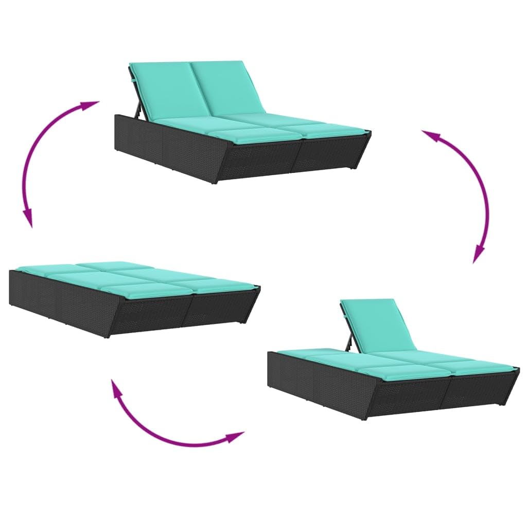 MBDRKVGF Double Sun Lounger with Cushions, Outdoor Patio Daybed with 4-Position Adjustable Backrest, Poly Rattan Garden Furniture Set, Black