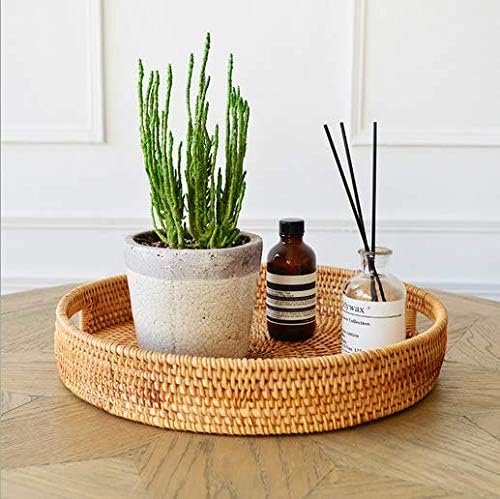 YANGQIHOME Rattan Round Serving Tray - Decorative Coffee Table Tray, Hand Woven Serving Basket with Handles