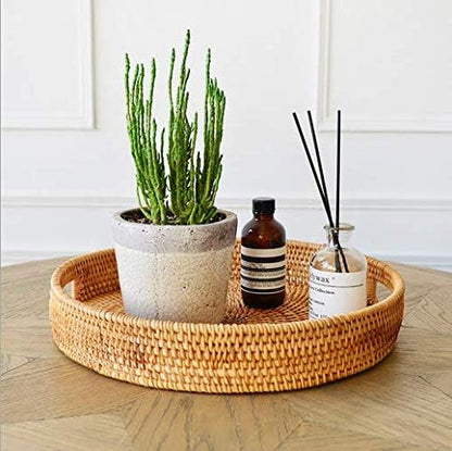 YANGQIHOME Rattan Round Serving Tray - Decorative Coffee Table Tray, Hand Woven Serving Basket with Handles