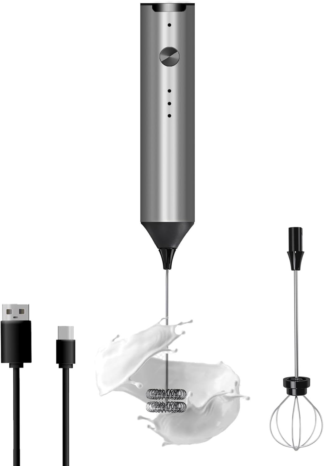 Handheld Electric Milk Frother, Type C Rechargeable Blender, 3 Mixing Speeds, Mini Beverage Blender with 2 Whiskers