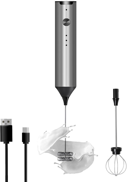 Handheld Electric Milk Frother, Type C Rechargeable Blender, 3 Mixing Speeds, Mini Beverage Blender with 2 Whiskers