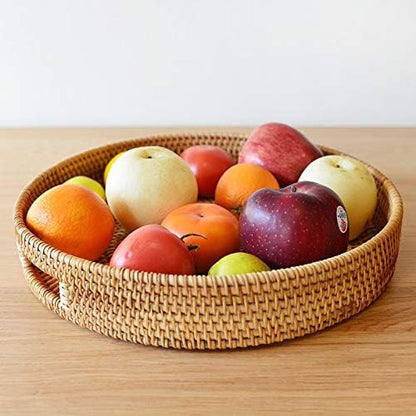14 inch 2.4 inch) Coffee Table Tray Round Rattan Ottoman Tray Woven Serving Trays with Handles for Home and Kitchen