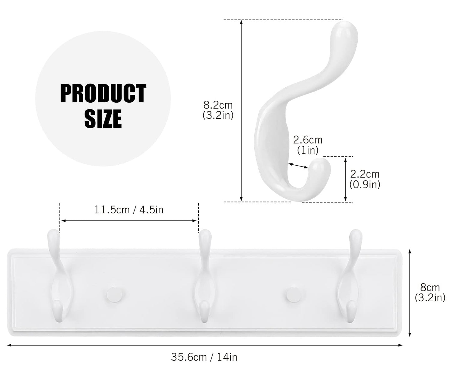 Badiano Wooden Coat Rack, Wall-Mounted Organizer for Closet, Entryway, Hallway, Foyer, Bedroom, Heavy Duty Double Hooks for Hanging Towels, Bags, Hats, Jackets, Key (White, 3 Hooks)