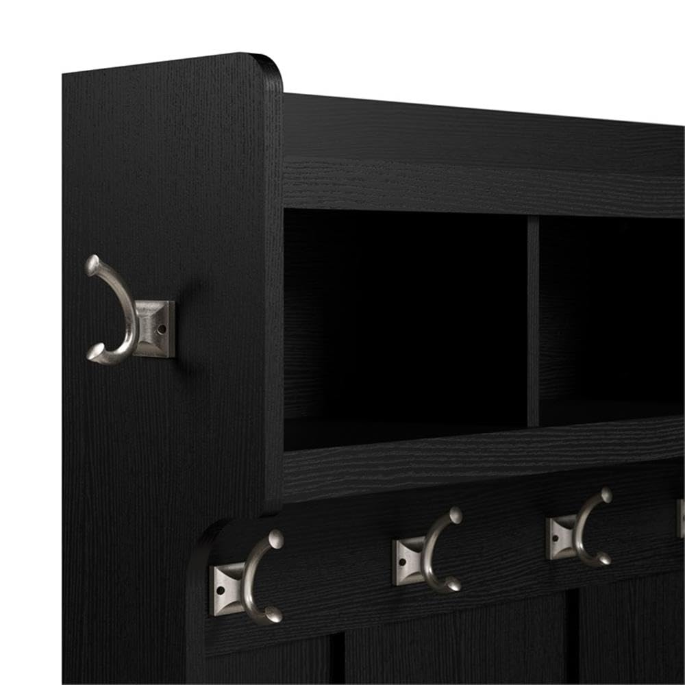 BOWERY HILL 24" Engineered Wood Hall Tree & Shoe Bench, Black Oak Finish, 69" Entryway Organizer w/Drawer, Coat Hooks, Open Cubbies, Transitional Style Storage Seat for Foyer or Mudroom Use