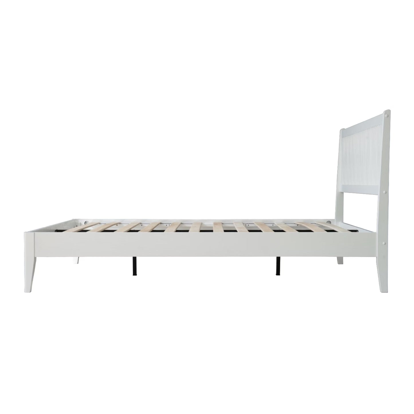 Queen Size Solid Wood Platform Bed Frame with Headboard and Footboard, Noise-Free & Anti-Slip Design, Center Metal Legs, 12 Heavy-Duty Slats, No Box Spring Needed, Pure White Finish, OLQ-39