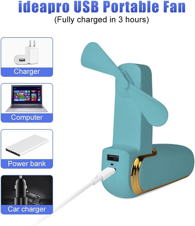 ideapro Mini Portable Fan, 2000 mAh USB Rechargeable Handheld Fan, Batteries Operated with 3 Speeds, Power Bank,