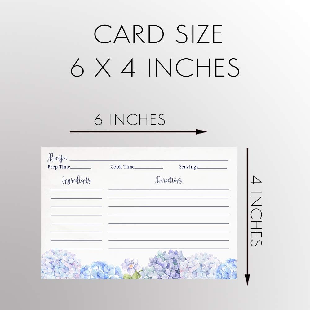 Recipe Cards 4x6 Double Sided Flowers Blue Wildflower Hydrangeas, Wedding Keepsake Gift (50 Count)
