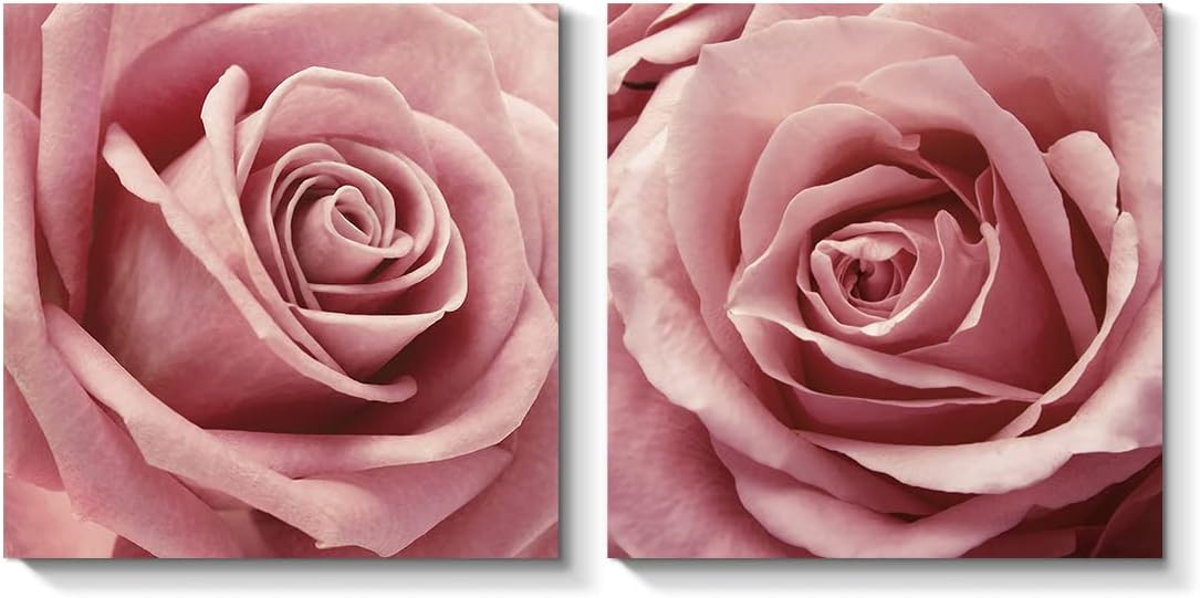 Gardenia Art Pink Rose Close Up Canvas Wall Art, 2 Piece Blush Pink Floral Paintings for Living Room or Office 12"x12"
