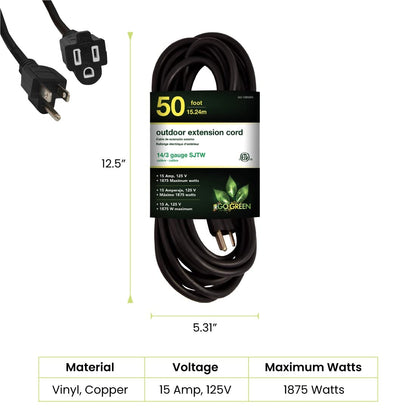 Go Green Power Inc. 50ft Outdoor Extension Cord, Black, Pack of 8-14/3 SJTW, Contractor Grade, Durable, and Moisture Resistant