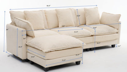 KEIKI 102" Modular Sectional Sofa with Storage Ottoman, L Shaped Convertible Couch with Movable Chaise Lounge, Linen Fabric Comfy 3 Seat Sleeper Sofa for Living Room Modern Apartment Bedroom, Beige