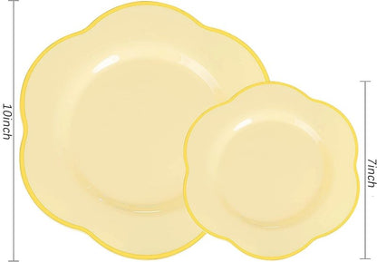 Liacere 50PCS Yellow Plastic Plates - Heavy Duty Disposable -Yellow and Gold Include 25PCS 7inch and 25PCS 10inch Plates for Mothers Day & Baby Shower & Spring & Party