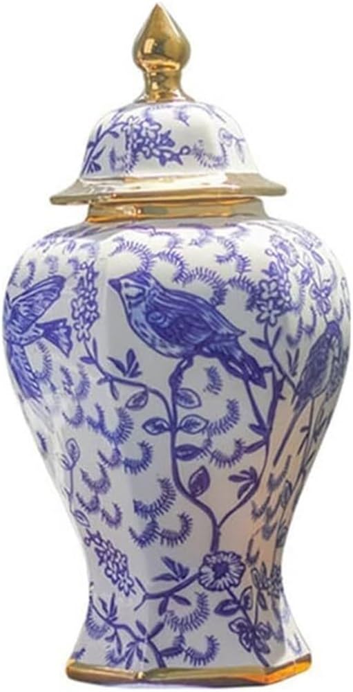 DVJING Porcelain Jar,Ceramic Flower Vase,Handcraft Decorative Ceramic Jar Storage Jars Floral Arrangement Blue and White Flower Vase Temple Jar with Lid for Home Office Bookshelf Living Room(Small)
