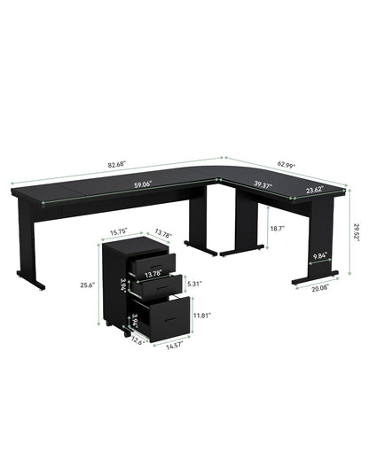 LITTLE TREE 82.67" Long Executive Desk Large L-Shaped Computer Office Desk with 3-Drawer Mobile File Cabinet, Industrial Business Furniture Desk Workstation for Home Office, Black