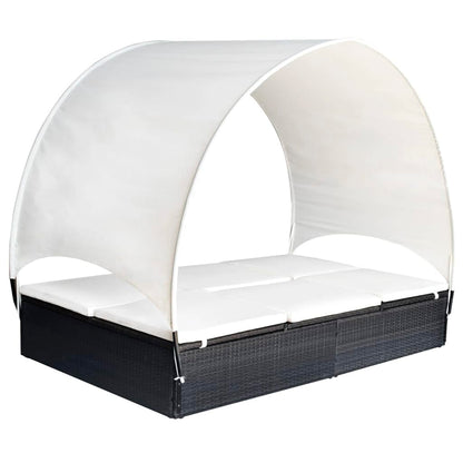 VGLQNRPT Double Sun Lounger with Adjustable Canopy, 2-Person Outdoor Patio Rattan Daybed with Cream Cushions, Weather-Resistant Garden Lounge Chair, Black