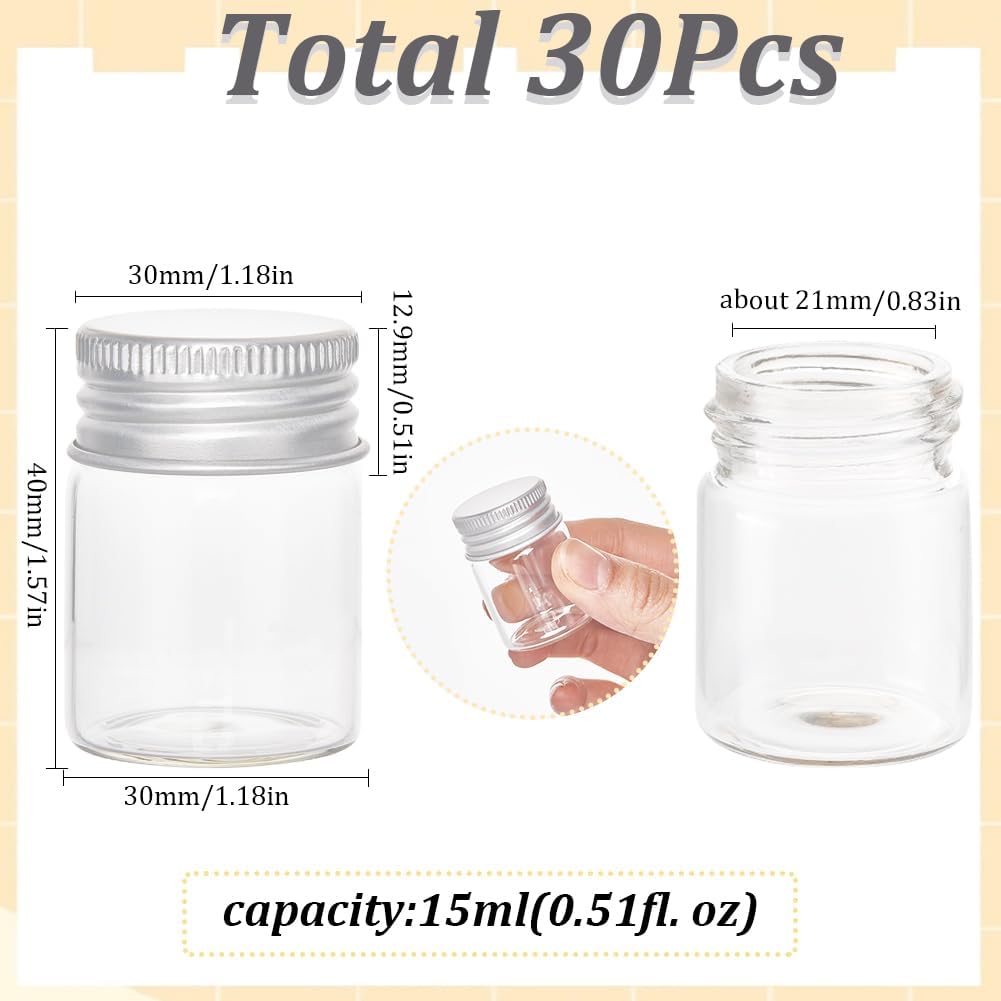 SUNNYCLUE 30Pcs Mini Glass Vials with Aluminum Screw Lids, 15ml Small Clear Tiny Glass Bottles for DIY Craft Storage