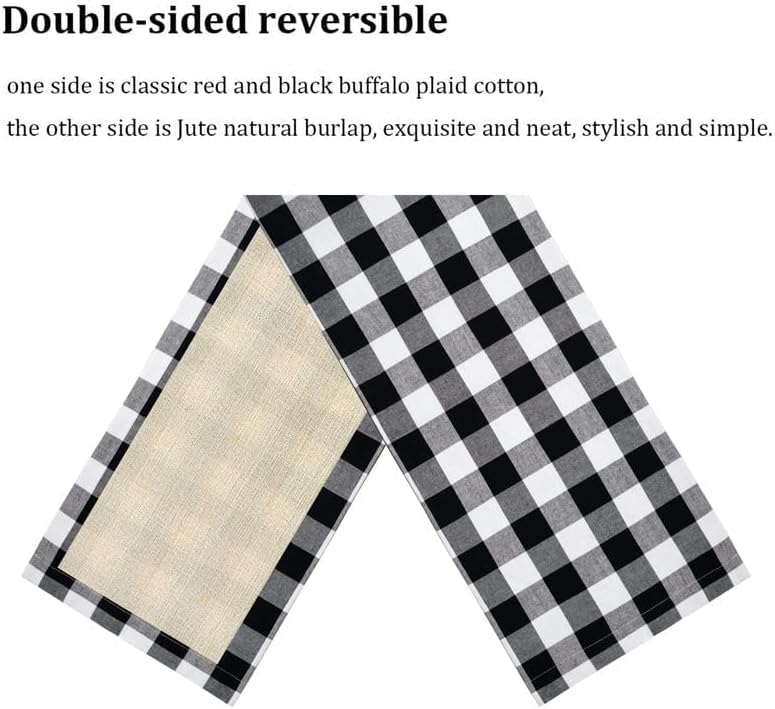 Senneny Christmas Large Table Runner 14 x 108 Inch, Burlap & Cotton Black White Plaid Reversible Buffalo Check for Decor