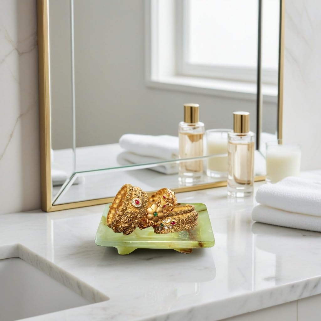 Luxury Handmade Green Calcite Crystal Soap Dish Holder with Drain for Bathroom and Shower, Best Bath Products & Sponge Tray for Kitchen & Housewarming Gifts.