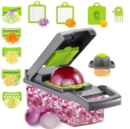 Vegetable Chopper and Slicer, 15-in-1 Manual Food Dicer with Container, Stainless Steel Blades, Gray and Green