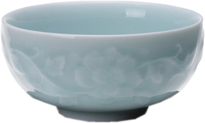 Chinese Rice Bowl 10oz Celadon Dinnerware, Engraved Peony Porcelain Bowl, 4.5 Inch in Sky Blue