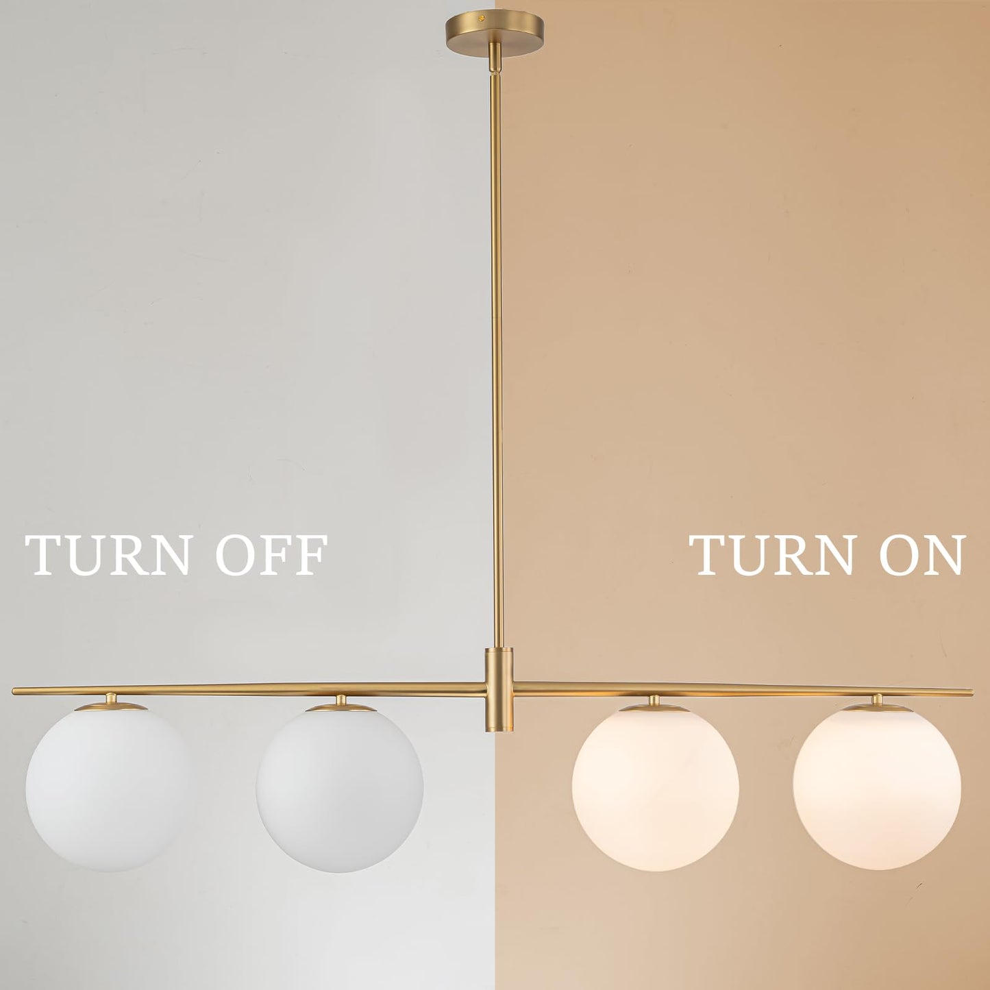 Zicbol 45.3" Modern Linear Chandelier 4-Lights Milk Glass Globe Linear Pendant Light Fixture Brushed Gold Mid Century Chandelier Kitchen Island Dining Room Light Fixture Over Table