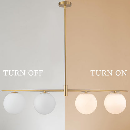 Zicbol 45.3" Modern Linear Chandelier 4-Lights Milk Glass Globe Linear Pendant Light Fixture Brushed Gold Mid Century Chandelier Kitchen Island Dining Room Light Fixture Over Table