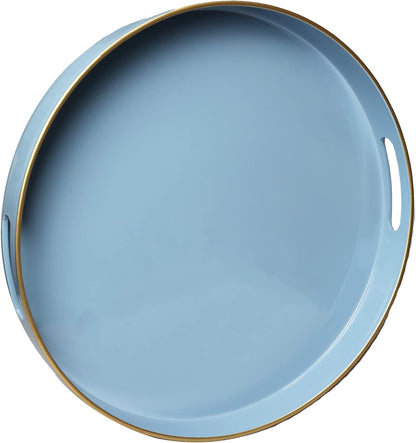 13" Spsyrine Round Blue Decorative Tray, Plastic Serving Table Tray with Handles for Breakfast, Ottoman, Coffee Table