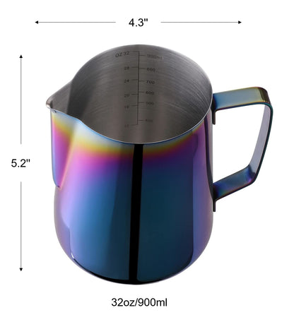 Joytata Milk Frothing Pitcher 32oz Stainless Steel Cup Double Measurement Scale Perfect for Latte Art Frother SUS304 Steaming 900ML Rainbow, Multicolor