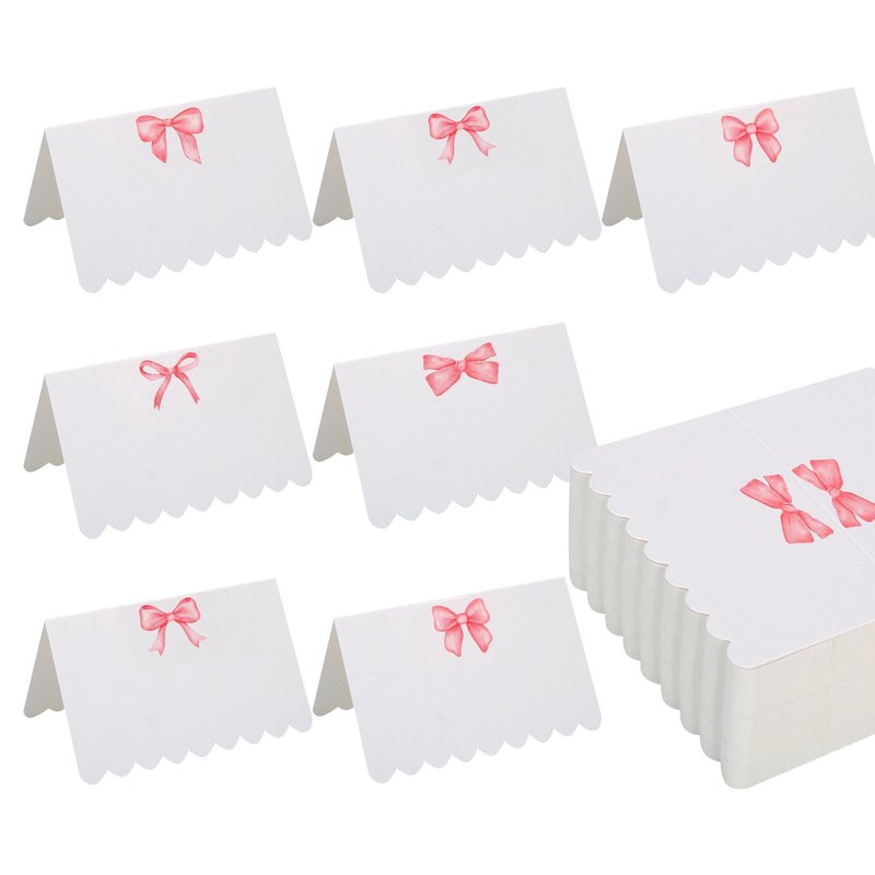 OIPKKUI 100Pcs Pink Bow Place Cards, 2.54 x4 Inch Cute Bow Knot Tent Name Cards 5 Designs Blank Seat Assignment Label Cards for Birthday Party Wedding Coquette Setting (Pink-5 pattern)
