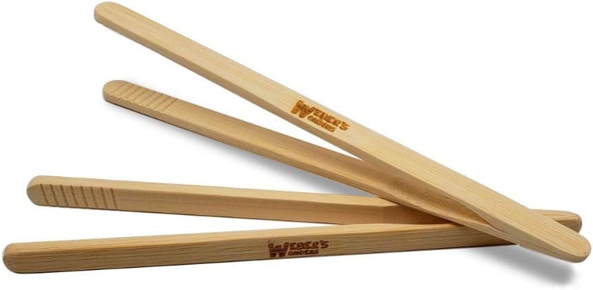 Weber's Wonders Set of 2 Reusable Bamboo Toast Tongs, 8 Inch Long Wooden Kitchen Utensil for Cooking & Holding