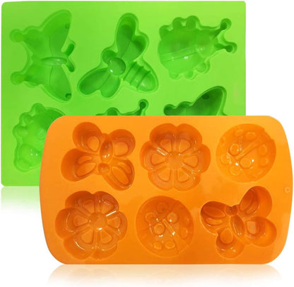 SENHAI 2 Pcs Insect Shape Silicone Trays, 6-Cavity 3D Dragonfly Butterfly Ladybug Cake Baking Molds - Orange, Green