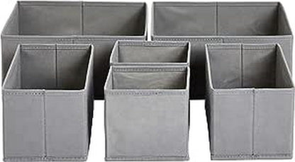 Amazon Basics Collapsible Cloth Drawer Organizer Boxes for Socks, Underwear and Baby Clothes, Storage Bins, Gray, Set of 6