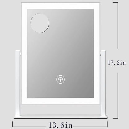 Lighted Makeup Mirror, 17.2"x13.6" Hollywood Vanity Mirror with Lights, Three Color Modes, Smart Touch Control, 360°Rotation,with 5X Magnifying Glass
