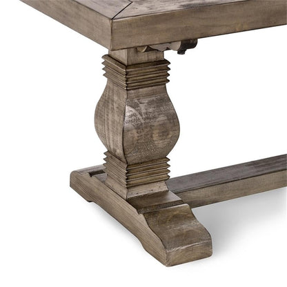 MAKLAINE 66" Transitional Reclaimed Pine Wood Bench, Weathered Brown Finish, Hand-Carved Pedestal Base, Rustic Style Seating for Kitchen or Dining Room, Seats Up to 3
