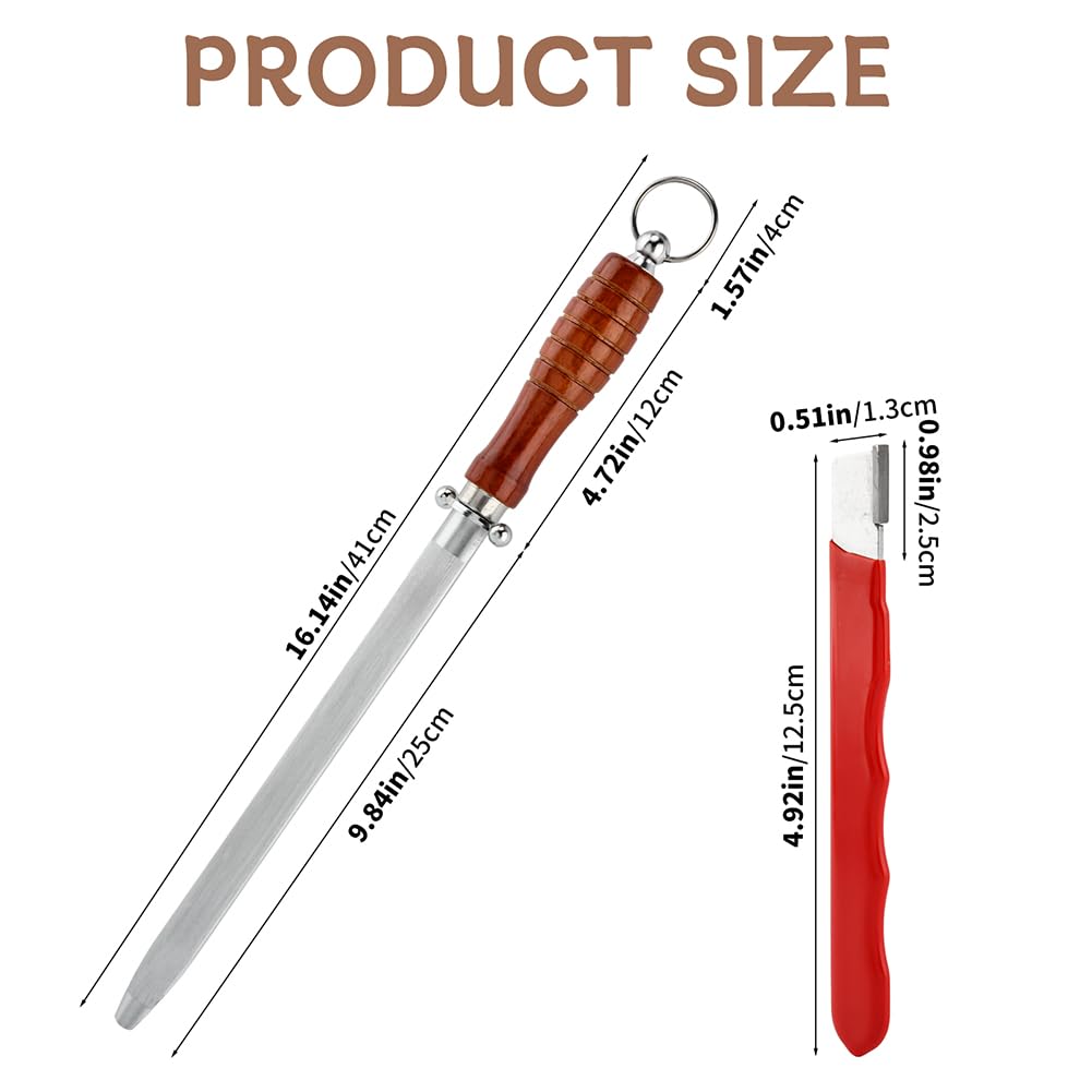 Knife Sharpener Rod 10-inch Carbon Steel Honing Rod with Non-Slip Wooden Handle and 2pcs Sharpening Tools, Ergonomic Knife Sharpening Steel for All Chef Knives