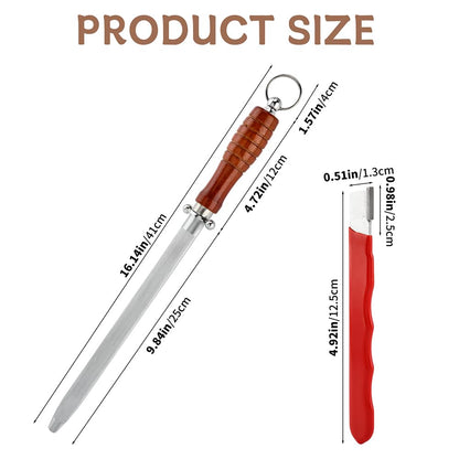 Knife Sharpener Rod 10-inch Carbon Steel Honing Rod with Non-Slip Wooden Handle and 2pcs Sharpening Tools, Ergonomic Knife Sharpening Steel for All Chef Knives