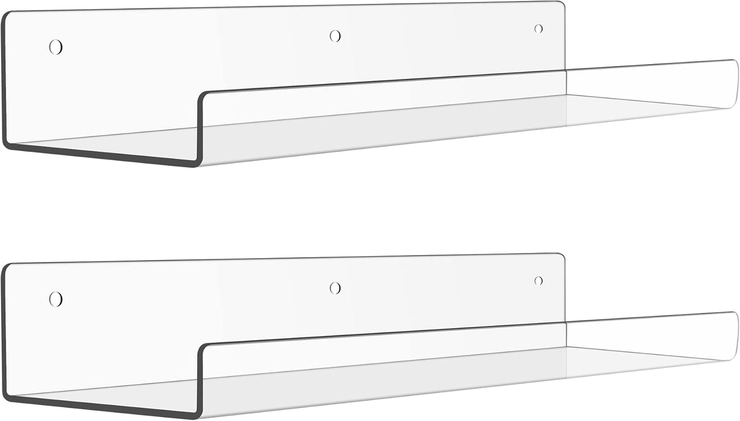 Upsimples Acrylic Floating Shelves - 15” Wall Organizer for Bathroom, Bedroom & Nursery | Clear 2-Pack