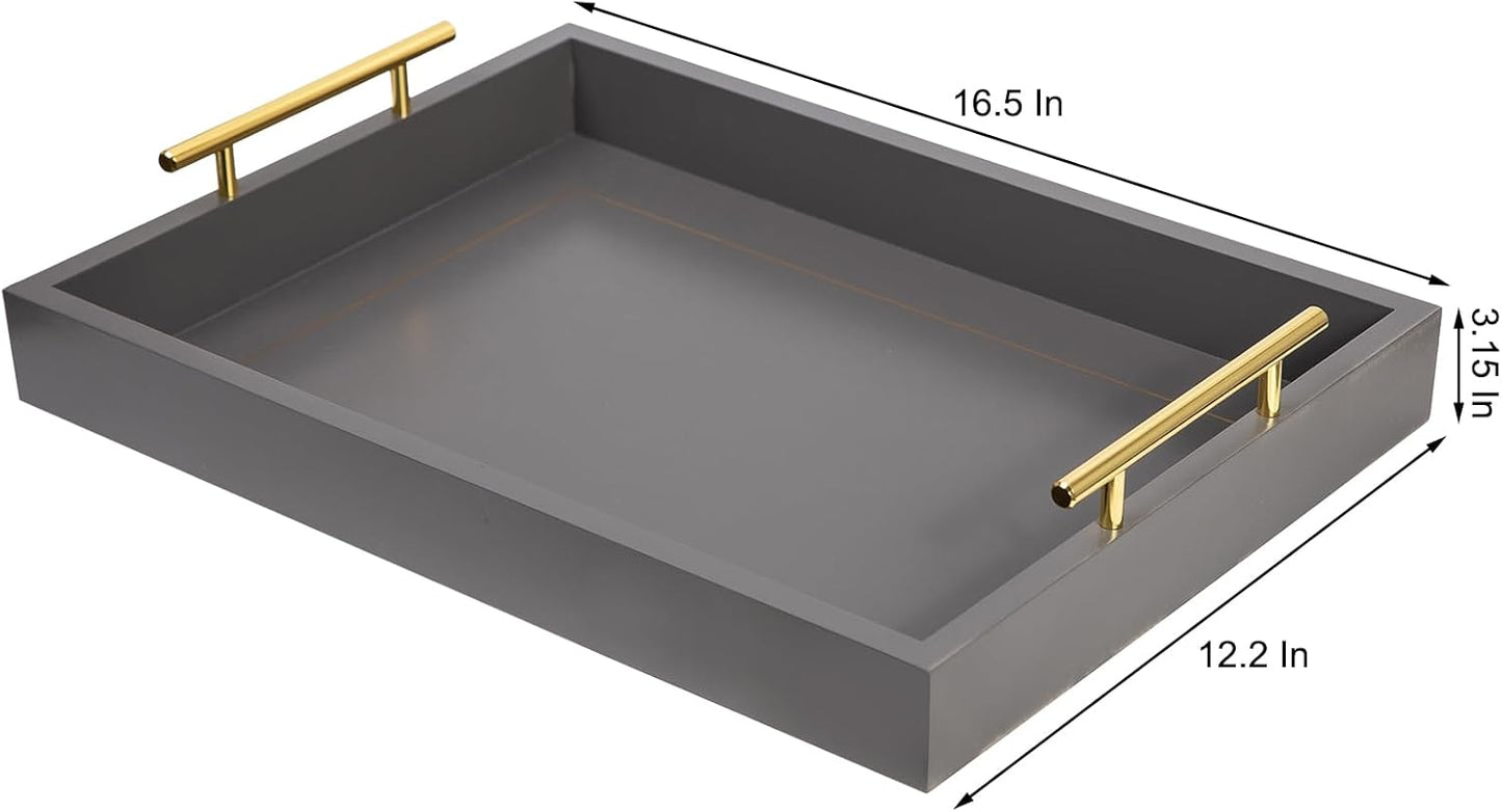 16"x12" Decorative Coffee Table Ottoman Trays Modern Wood Elegant Rectangle Glossy Shagreen Serving Trays with Gold