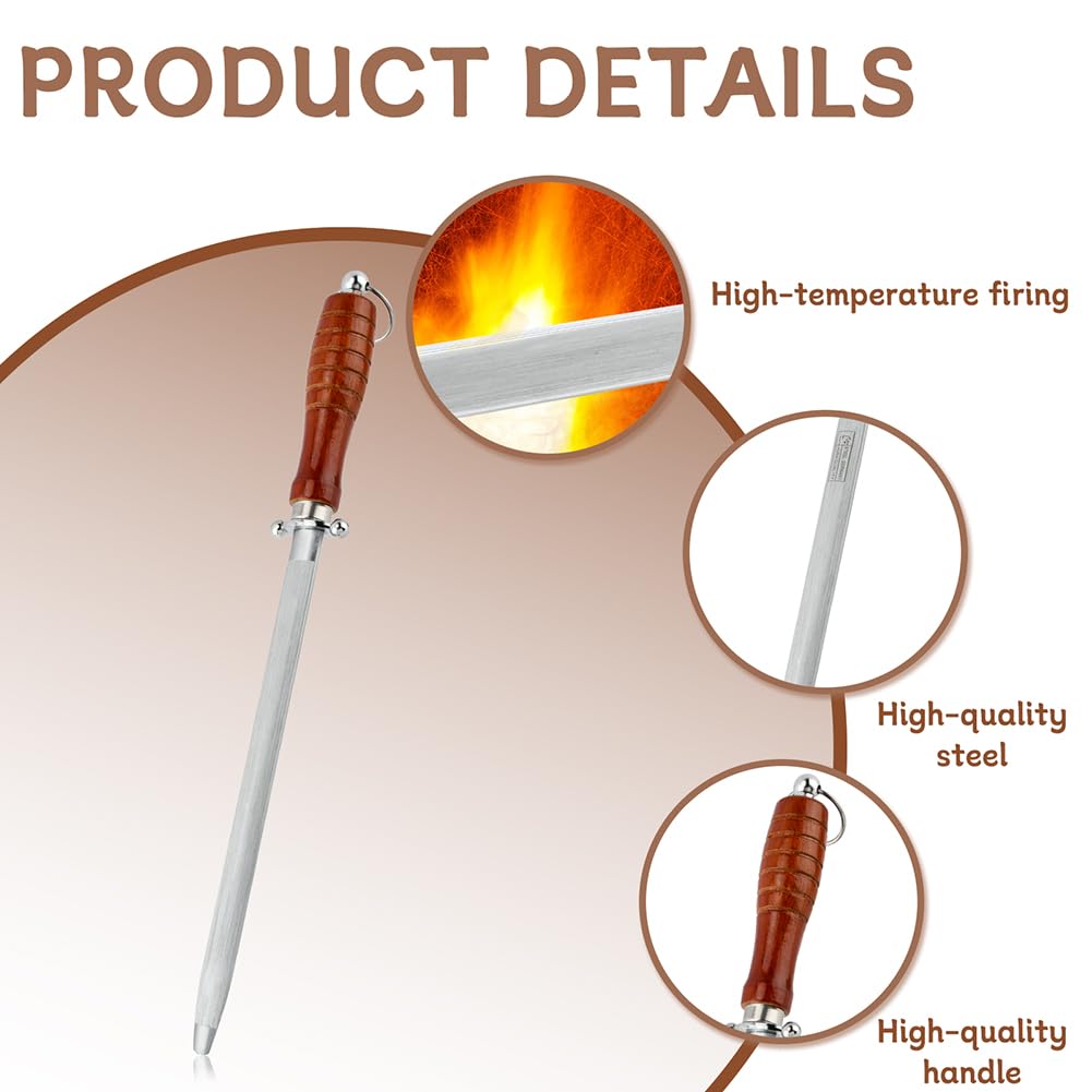 Knife Sharpener Rod 10-inch Carbon Steel Honing Rod with Non-Slip Wooden Handle and 2pcs Sharpening Tools, Ergonomic Knife Sharpening Steel for All Chef Knives