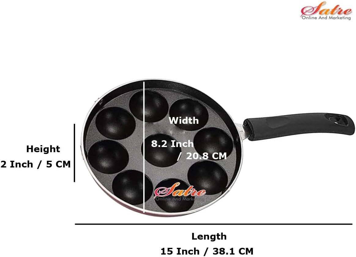 Satre Online Aluminium Non-Stick 9 Cavity Appam Patra with Steel Lid, Black