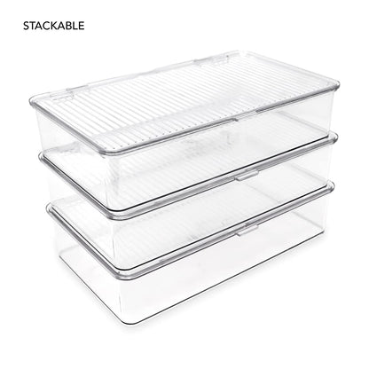 Isaac Jacobs Small Stackable Organizer Bin (10.75” x 6.5” x 2.4”) w Hinged Lid Clear Storage Box Home Office School Fridge Bathroom Kitchen Pantry Container BPAFree Food Safe (Small Clear)