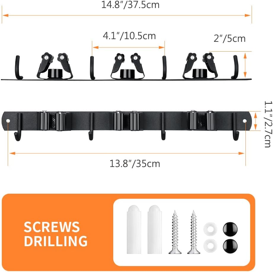 Skiennix Heavy-Duty Broom Hanger & Mop Holder - Wall-Mounted Organizer Rack with 4 Hooks | Matte Black