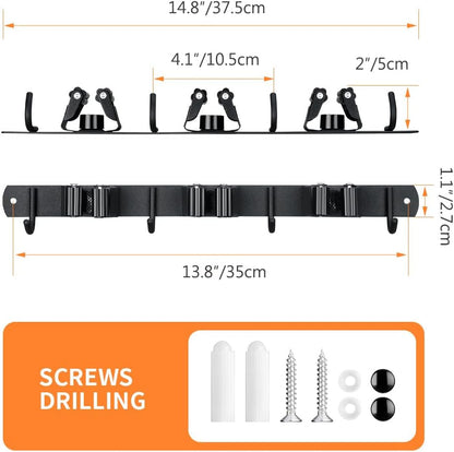 Skiennix Heavy-Duty Broom Hanger & Mop Holder - Wall-Mounted Organizer Rack with 4 Hooks | Matte Black