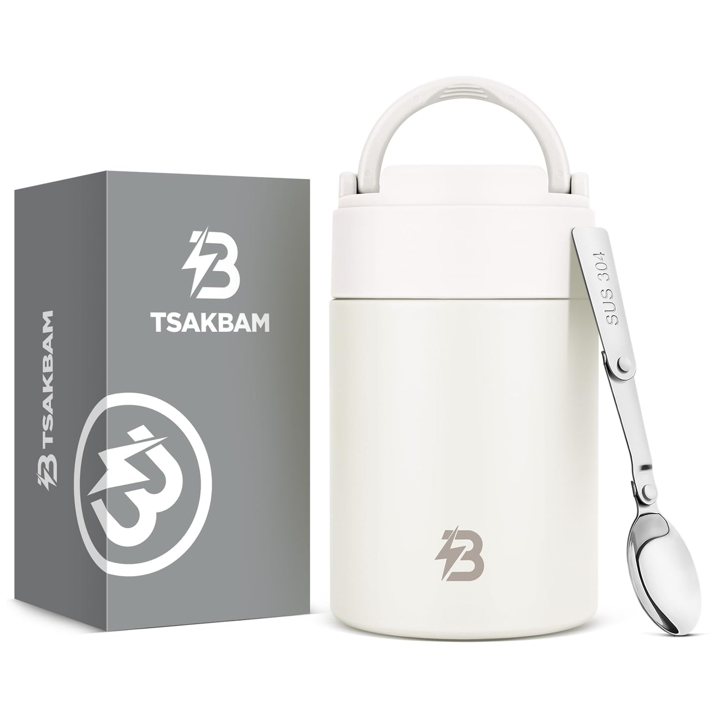 TSAKBAM Thermo for Hot Food,17OZ Wide Mouth Insulated Food Container with Spoon & Handle, Stainless Steel Hot Lunch Box for Adults (White)
