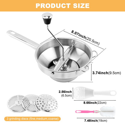 Ergonomic Food Mills With 3 Milling Discs, 8" Stainless Steel Rotary Food Mill with Hand Crank for Tomato Sauce, Mashed Potatoes(Sliver)