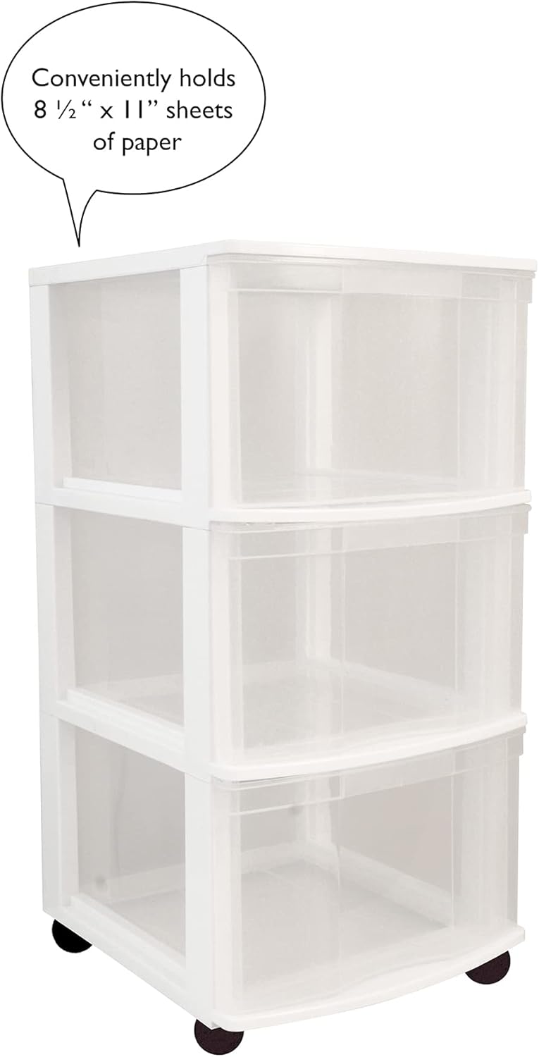 Gracious Living Classic 3 Drawer Organizer Cart, Plastic Storage Dresser with Caster Wheels for Home and Office